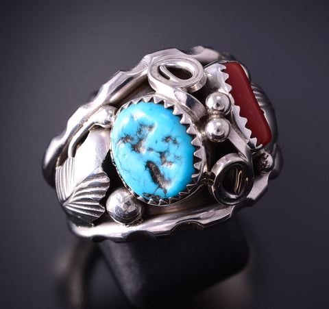 Size 12-3/4 Silver & Turquiose Coral Feathers Navajo Ring - Max Calladitto 4F10N