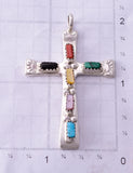 Silver & Turquoise Multistone Zuni Handmade Cross Pendant by Cecelia Iule 4F04Y