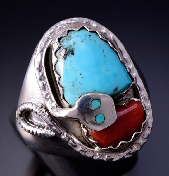 Size 10-1/2 Silver & Turquoise Coral Zuni Men's Ring Signed Effie Calavaza 4L10B