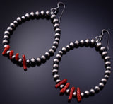 Silver & Coral Navajo Pearls Loop Earrings by Theresa Skeets 4M16A