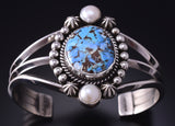 Silver & Golden Hills Turquoise Fresh Pearl Navajo Bracelet by Erick Begay 5B26K