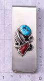 Silver & Turquoise w/ Coral Feather Navajo Money Clip by Sally Arviso 5B14X