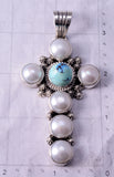 Silver & Golden Hills Turquoise Fresh Pearls Cross Pendant by Erick Begay 5B26P