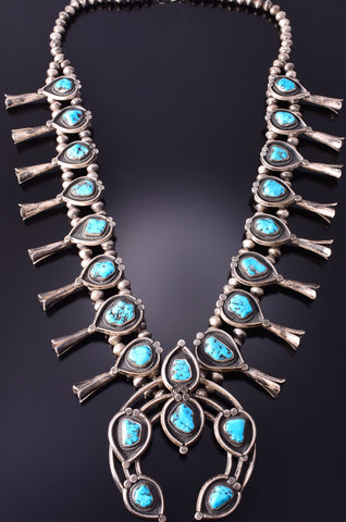 Vintage Silver & Turquoise Navajo Squash Blossom Necklace 4F04L