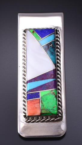 Silver & Turquoise Multistone Navajo Inlay Money Clip by Arnold Yazzie 5B06R