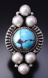 Size 9 Silver & Golden Hills Turquoise Fresh Pearl Navajo Ring Erick Begay 4H33Y