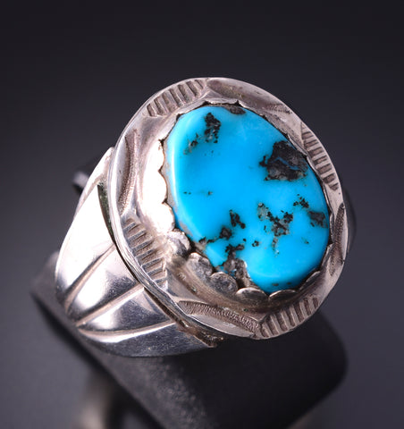 Size 9 Preowned Silver & Turquoise Navajo Handmade Ring by Herbert Tsosie 4F10Q
