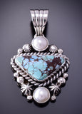 Silver & Golden Hills Turquoise w/ Pearl Navajo Pendant by Erick Begay 4C29E