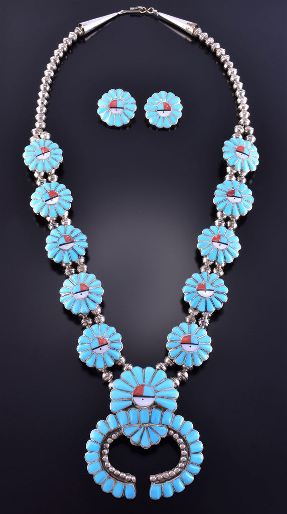 Silver Multistone Zuni Sunface Squash Blossom Necklace & Earring Set by  Marisa Selecion 2F28E